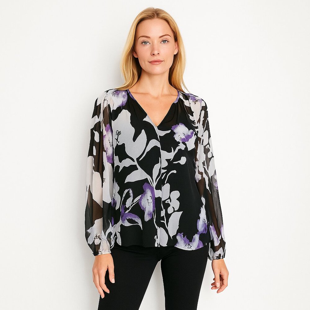 NWT White House Black Market Long Sleeve V-Neck Shirt Abstract Blooms #WHBM31